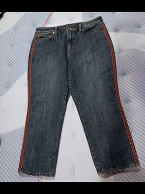 Talbots Dark Blue Modern Ankle Cropped Jean w/ Orange Striped Side Trim Size 14P